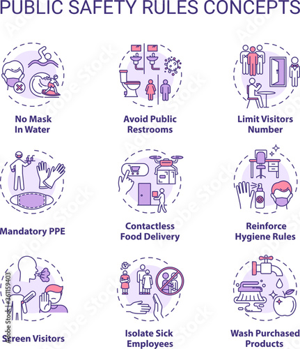 Public safety rules concept icons set. Workplace safety guidelines idea thin line illustration. Contactless food delivery. Screen visitors. Vector isolated outline RGB color drawing. Editable stroke