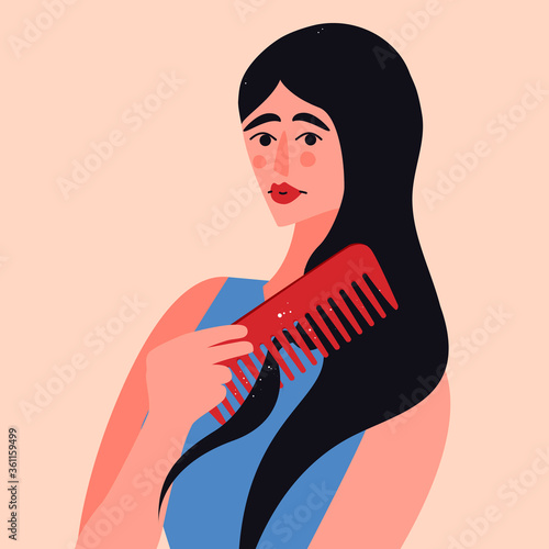 girl suffering from dandruff vector illustration. woman holding a comb and worried about hair health poster design
