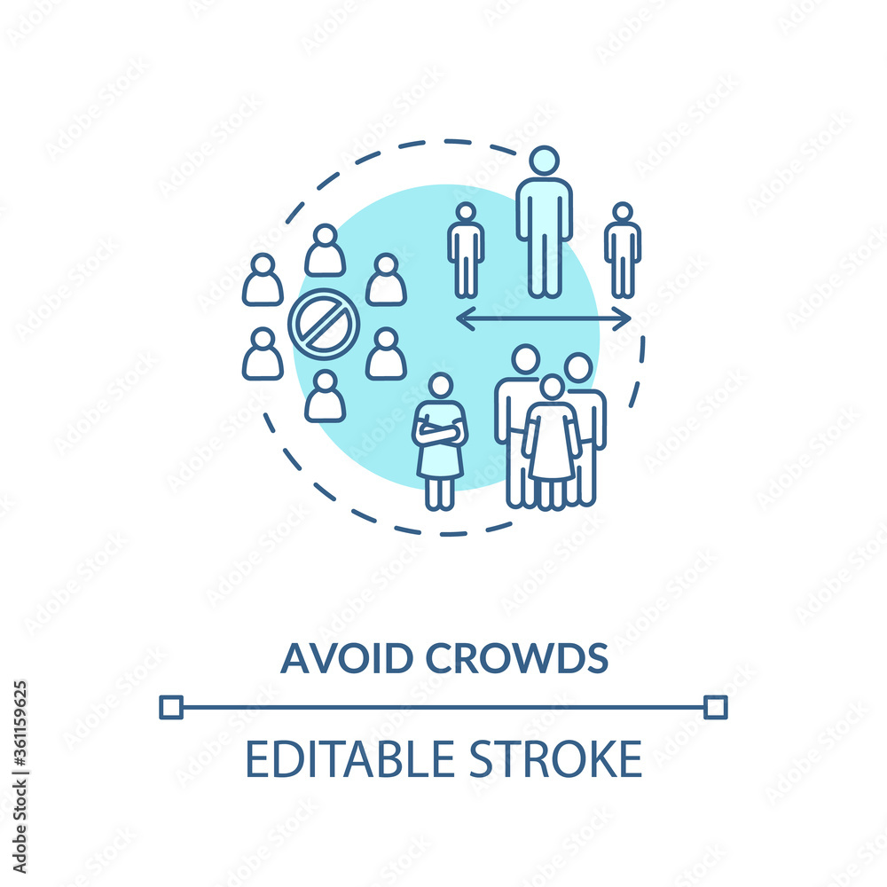 Avoid crowds concept icon. Safe shopping guidelines idea thin line illustration. Virus protection in public place. Keep safe distance. Vector isolated outline RGB color drawing. Editable stroke Avoid crowds concept icon. Safe shopping guidelines idea thin line illustration. Virus protection in public place. Keep safe distance. Vector isolated outline RGB color drawing. Editable stroke