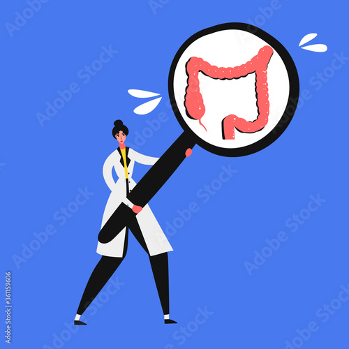 Doctor checks colon medical banner. Concept art diagnostics of diseases. Examine internal organs.