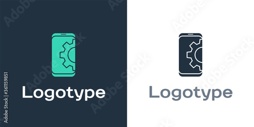 Logotype Setting on smartphone icon isolated on white background. Adjusting, service, setting, maintenance, repair, fixing. Logo design template element. Vector Illustration.