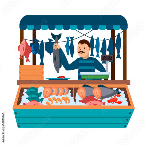 Cartoon Color Character Person Male and Food Market Fish Concept. Vector