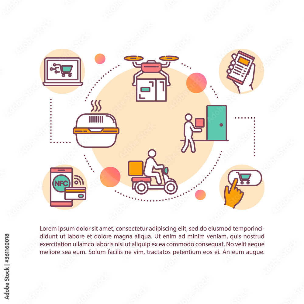 Food delivery concept icon with text. PPT page vector template. Order food online from restaurants. Contactless delivery. Brochure, magazine, booklet design element with linear illustrations Food delivery concept icon with text. PPT page vector template. Order food online from restaurants. Contactless delivery. Brochure, magazine, booklet design element with linear illustrations