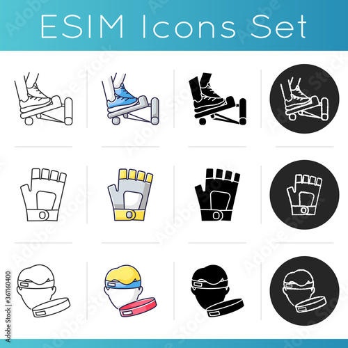Home gym equipment icons set. Linear, black and RGB color styles. Stepper machine, training gloves and workout headband. Gears for sport and indoor exercises. Isolated vector illustrations