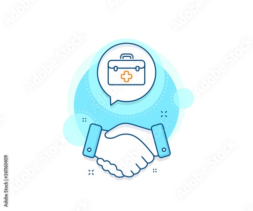 Medicical kit sign. Handshake deal complex icon. First aid line icon. Pharmacy medication symbol. Agreement shaking hands banner. First aid sign. Vector