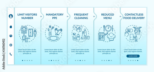 Safety in cafe and restaurants onboarding vector template. Contactless food delivery. Online ordering. Responsive mobile website with icons. Webpage walkthrough step screens. RGB color concept