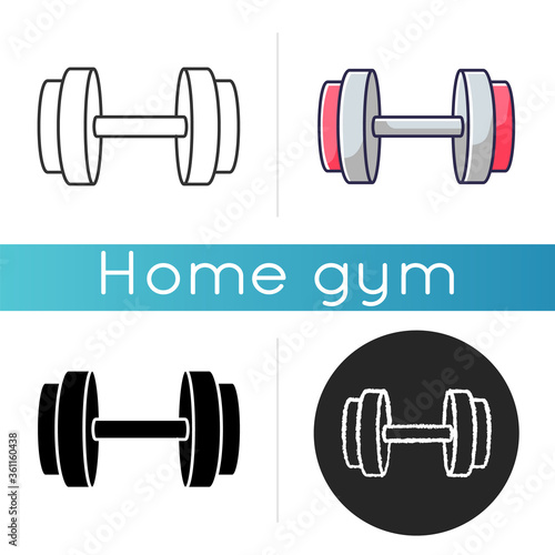 Dumbbell icon. Linear black and RGB color styles. Gym equipment for arms muscle training. Strength exercise, bodybuilding. Heavy weight lifting, athletic workout. Isolated vector illustrations