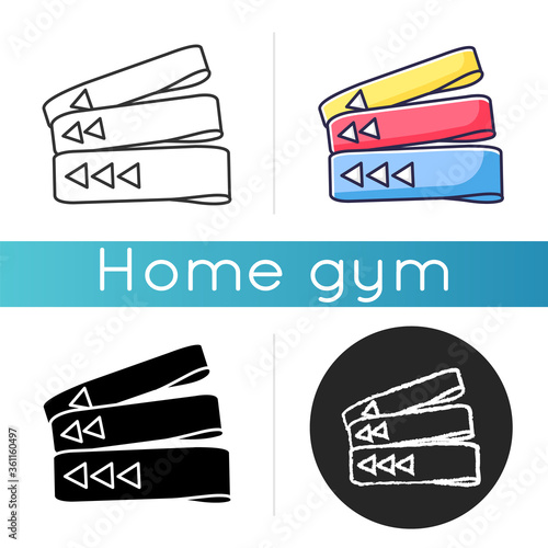 Resistance bands icon. Linear black and RGB color styles. Home gym equipment for fitness exercise. Sport gear for resistance training. Sportive elastic bands isolated vector illustrations