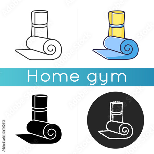 Exercise mat icon. Linear black and RGB color styles. Workout equipment for home and gym. Pilates, aerobics, yoga and fitness training. Rolled up practice mats isolated vector illustrations