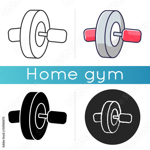Ab roll icon. Linear black and RGB color styles. Sport gear for workout at home. Athletic gym equipment. Rolling wheel for abdomen muscle strength training. Isolated vector illustrations