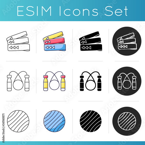 Workout equipment icons set. Linear, black and RGB color styles. Resistance bands, jump rope and exercise ball. Sport gear for indoor gymnastics and pilates. Isolated vector illustrations