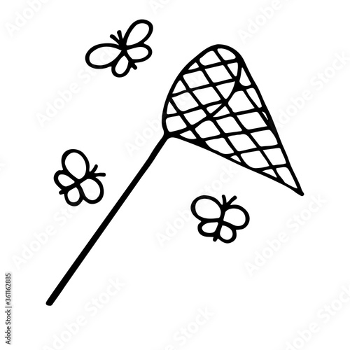 Butterfly net and butterflies. Hand drawn vector illustration in doodle style, isolated on a white background. 