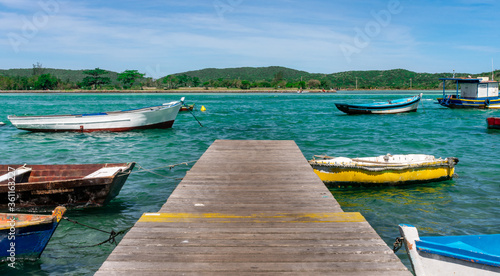 fisherman canoes anchored in a tropical colorful landscape