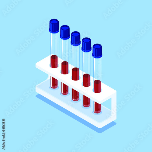 Isometric concept test tube for blood analysis. Capacity for collecting biomaterial. Analysis and research. Vector design. 3d, flat, illustration. Element for infographics.