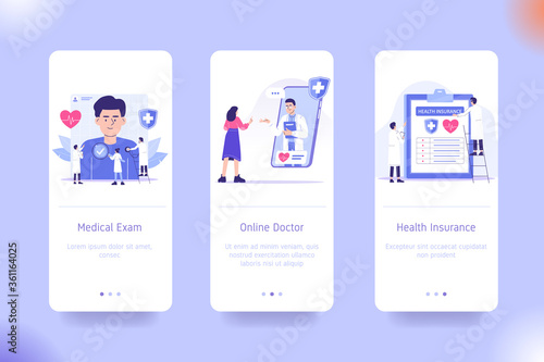 Application design set for Medical Exam, Online Doctor and Health Insurance. UI onboarding screens design. Mobile app template. Modern vector illustrations for user interface