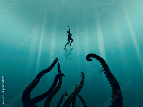 Deep Sea Diver swimming upward from pursuing Giant Squid/Octopus/horrible tentacled monster photo