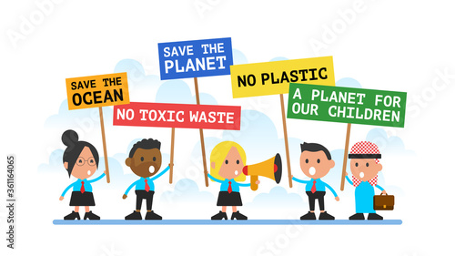 Demonstration, rally, protest, meeting. Men and women protest against environmental pollution. No plastic, save the planet. Eco activist. Ecological thinking.