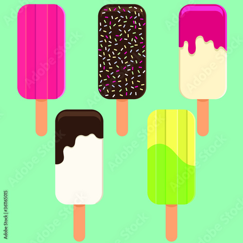 Collection of colorful fruity and milky frozen popsicles with chocolate, and fruit toppings. Isolated  summer color flat modern vector illustration on green background. Ice‐lolly, ice cream.
