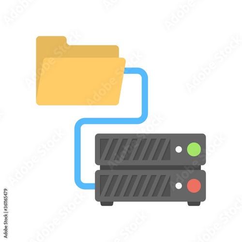 Computer server with folder sign. Storing file archive on database. Flat icon illustration.