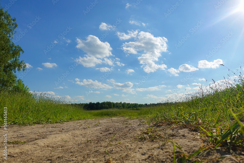 Beautiful summer landscape. Blue sky with clouds. Field with green grass Beautiful summer landscape. Blue sky with clouds. Field with green grass