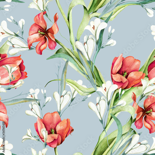 Spring Bouquet Seamless Pattern. Hand Painted Illustration. Watercolor Backgr...