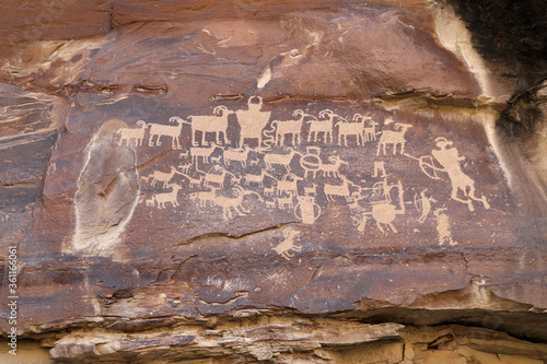 Ancient Native American Indian rock art petroglyph great hunt Utah 1495. Nine Mile Canyon, Utah. World’s longest art gallery of ancient native American, Indian rock art, hieroglyphs, pictographs.