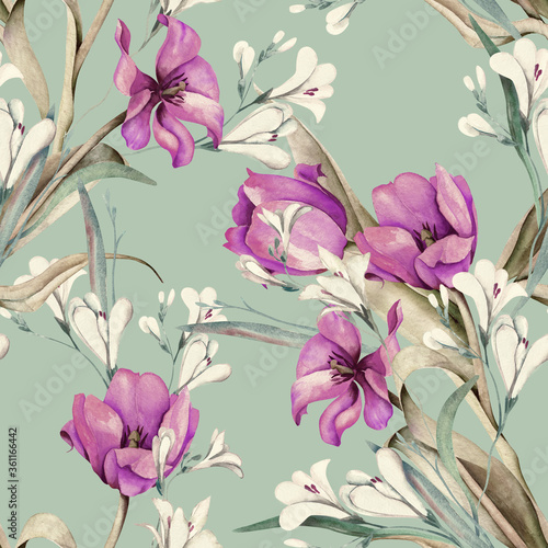 Spring Bouquet Seamless Pattern. Hand Painted Illustration. Watercolor Background.