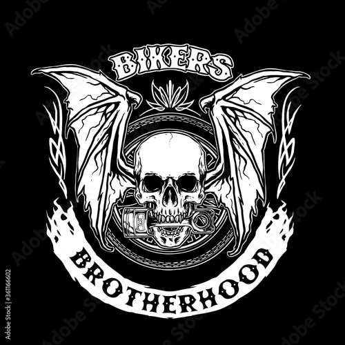 skull biker with piston and bat wings