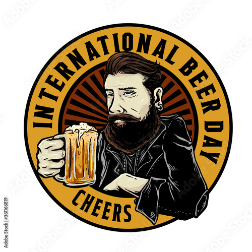 bearded man with a glass of root beer vector badge design