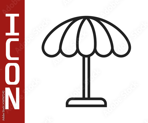 Black line Sun protective umbrella for beach icon isolated on white background. Large parasol for outdoor space. Beach umbrella. Vector Illustration.