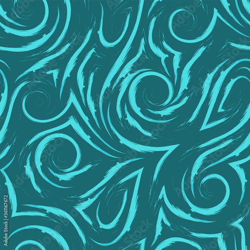 Vector turquoise waves and swirl seamless pattern. Watercolor brush strokes texture for fabric or packaging.Trend color Aqua menthe.
