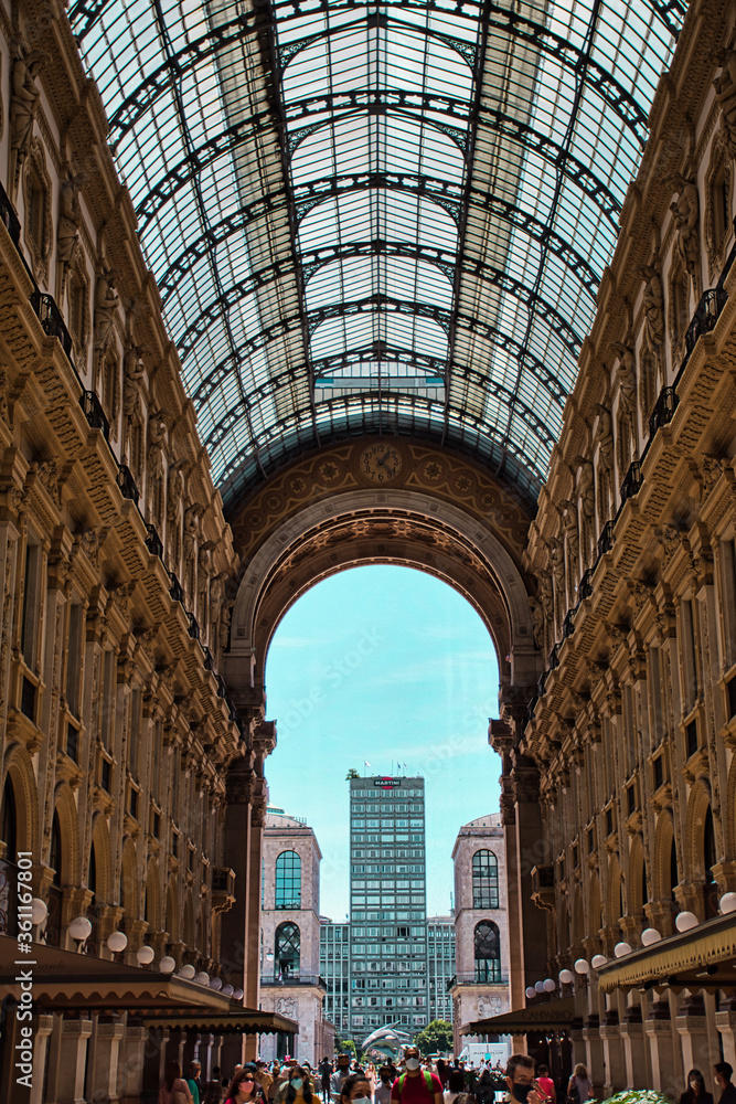 Famous Galleria Vittorio Emanuele II in a beautiful summer day in Milan
