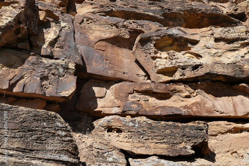 Ancient petroglyph Native American Indian rock art deer antlers Utah 1446. Nine Mile Canyon, Utah. World’s longest art gallery of ancient native American, Indian rock art, hieroglyphs, pictographs. photo