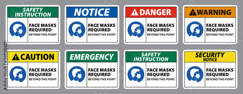 notice, warning, caution, danger sign of face masks required, collection of face covering sign. set of wear face mask sign vector eps10