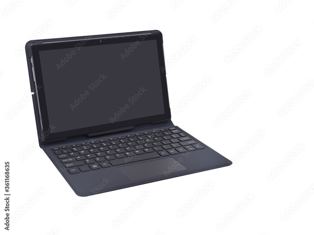 Front view black Notebook Laptop on white background, technology, object, copy space Front view black Notebook Laptop on white background, technology, object, copy space