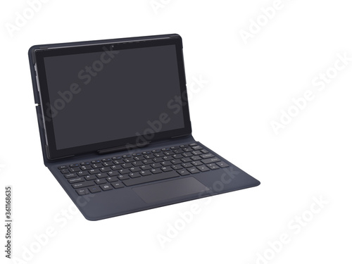 Front view black Notebook Laptop on white background, technology, object, copy space