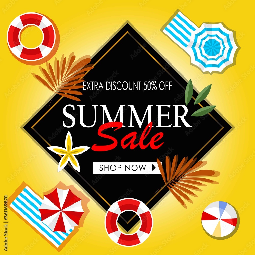 Fototapeta premium Summer Sale banner, hot season discount poster with tropical leaves,ice cream,watermelon, strawberries,and sunglasses. Invitation for shopping with 50 percent off. special offer card. in eps 10