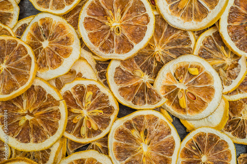 Dry yellow bergamot background. View from above