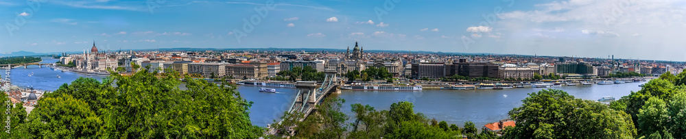 A panorama view of the Pest district in Budapest from the Fisherman's Bastion in the summertime