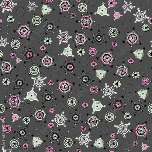 Seamless pattern with abstract elements on gray background. Geometrical and manual details are scattered randomly. For textiles, fashionable prints, clothes, upholstery of upholstered furniture