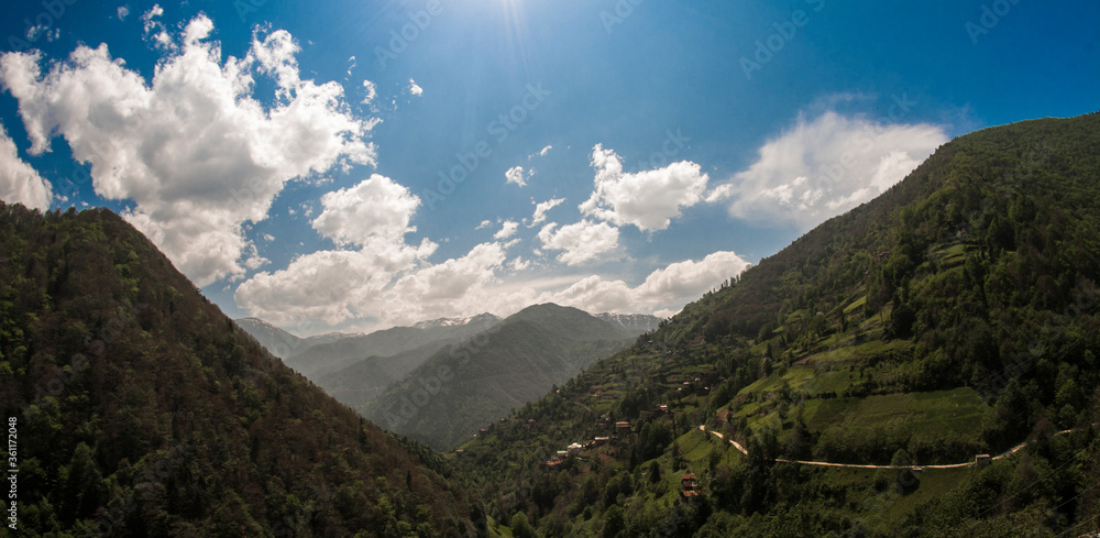 Rize, İkizdere, blue sky clouds and mountain village