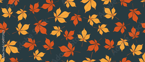 Yellow and orange leaves seamless background on dark blue background. Vector illustration.