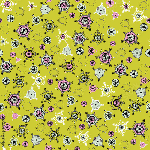 Bright abstract pattern. Seamless vector with different pink and blue elements on green background. Items scattered randomly. For textiles, fashionable prints, clothes, children's things