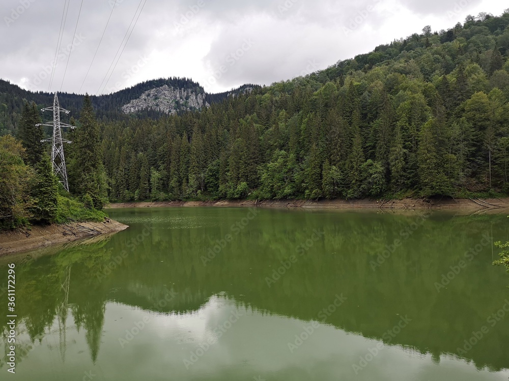 Fototapeta premium Green lake in the mountains -Summer landscape with lake and trees 