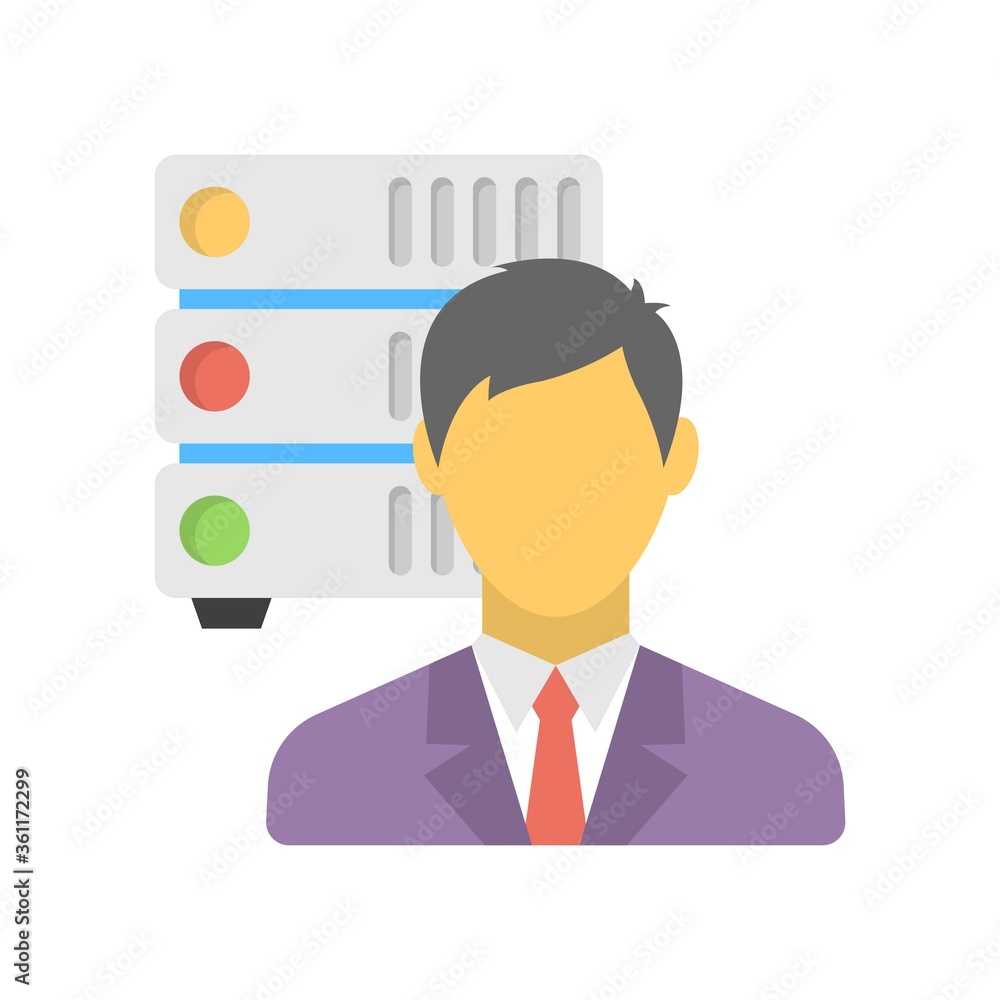 Computer server with man silhouette. Data center employee sign. Flat icon illustration.