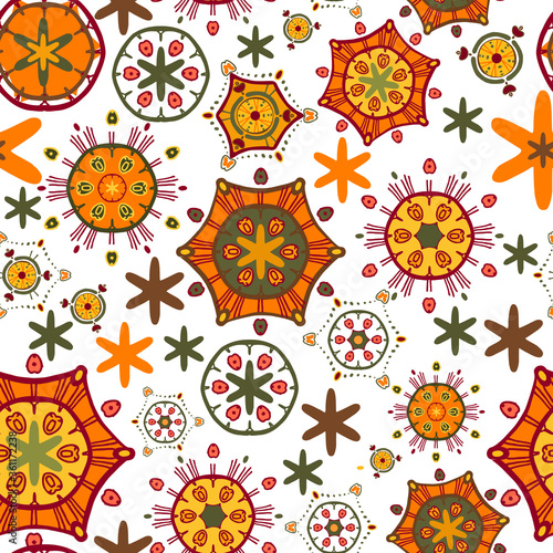 Cute abstract pattern. Bright seamless vector with different orange, yellow and green elements on a white background. Items scattered randomly. For textiles, fashion prints, clothes.