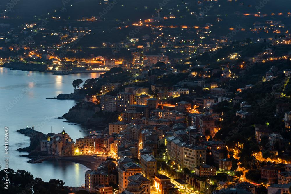 Night time view of Camogli, Liguria, Italy