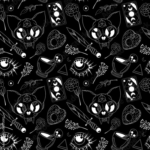 Black and white mystical elements and symbols, halloween, magic.