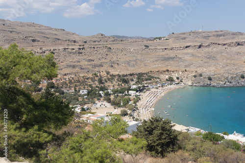 View of coastline in Lindos, Rhodes, Greece.