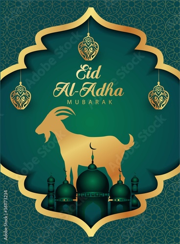 Eid Mubarak for the celebration of Muslim community festival Eid Al Adha. Greeting card with sacrificial sheep and mosque background. Vector illustration.